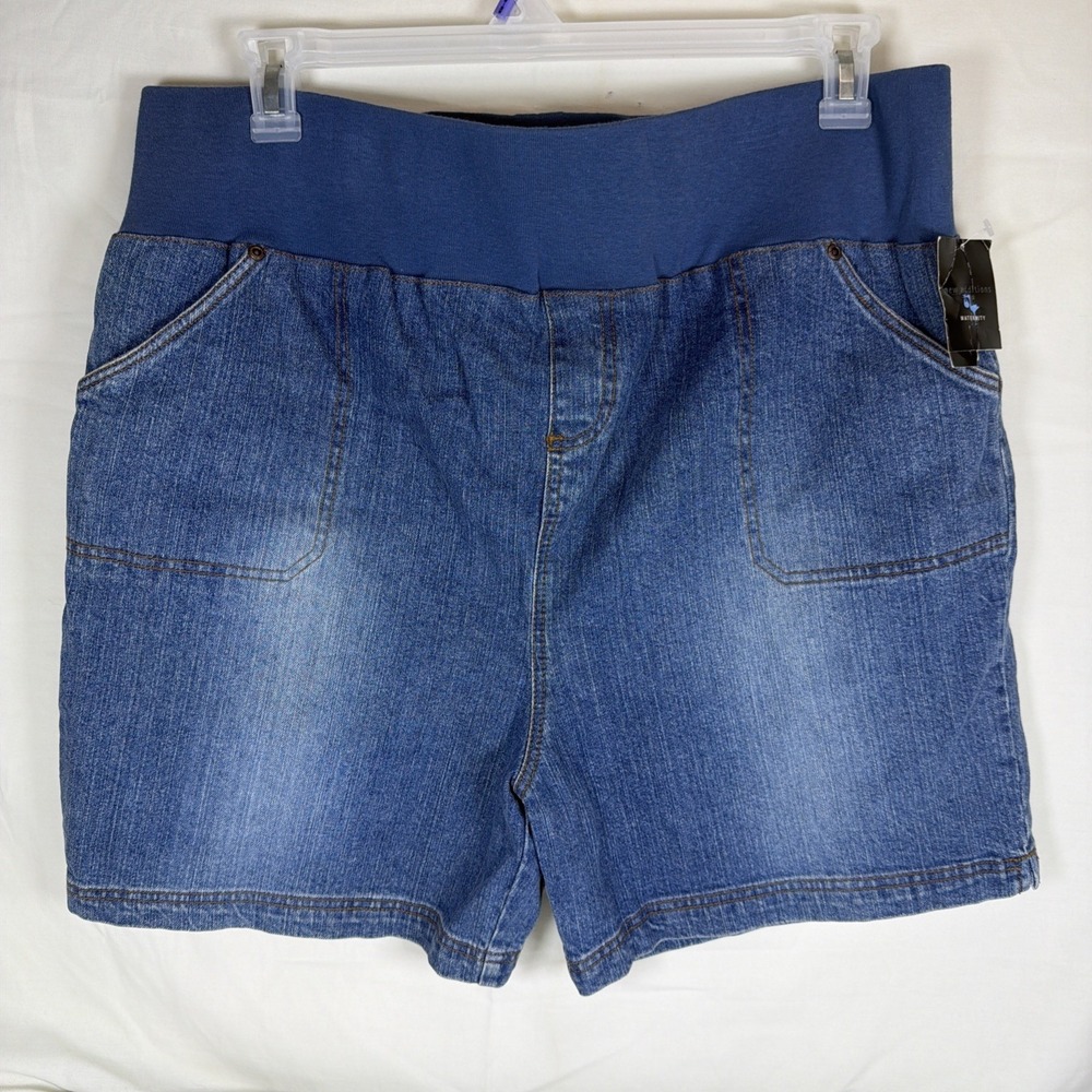 New Additions Maternity Denim Shorts Blue Size L Stretch Belly Panel NWT